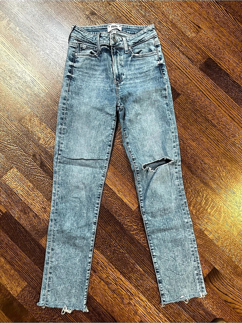 PAIGE Distressed Skinny Jeans in Blue Waist 25
